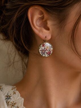 Vintage Botanical Floral Earrings Romantic Cottagecore Glass Dome Statement